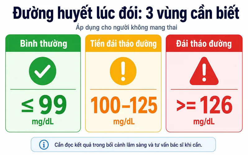 Ở người không mang thai, đường huyết lúc đói đến 99 mg/dL thuộc khoảng bình thường